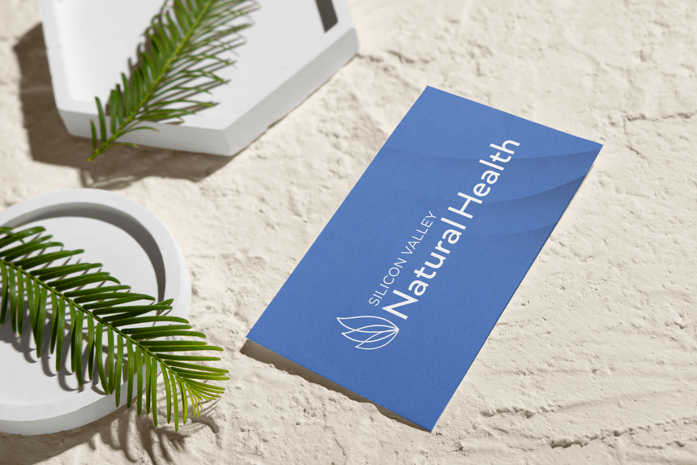 Silicon Valley Natural Health business card shown on a beach