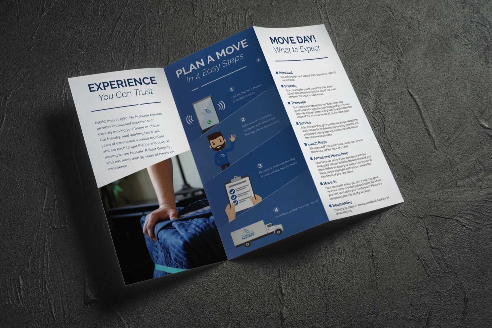 No Problem Movers tri-fold brochure mockup