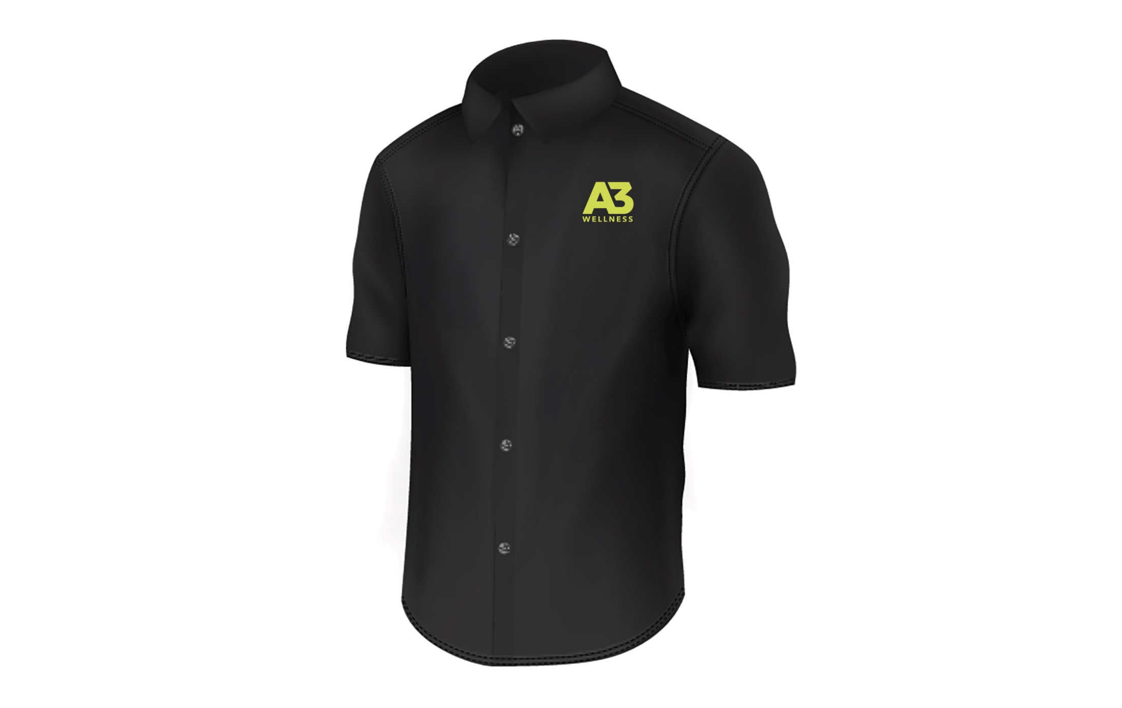 Black collared shirt with a bright A3 Wellness logo